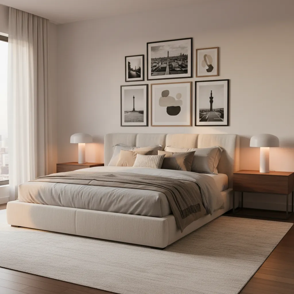 bedroom gallery wall mixing personal photos and art prints