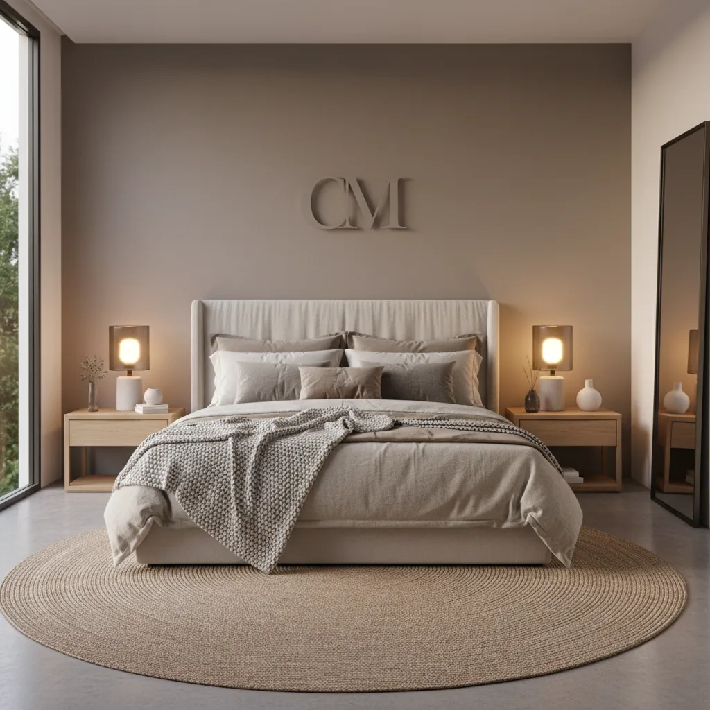 soft monogram wall decor above bed headboard in cozy bedroom