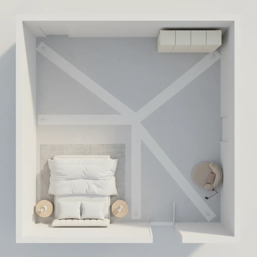 Bedroom floor layout showing walking paths between multiple doors