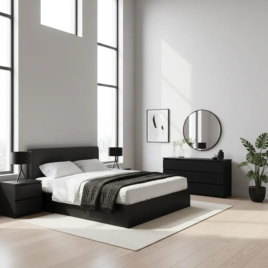 sunlit bedroom showing black furniture layout with large windows