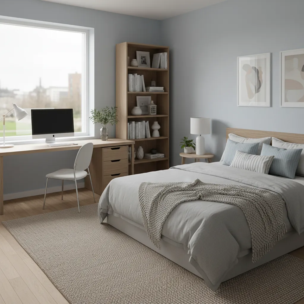 Overview of a medium bedroom office layout showing desk and bed zones