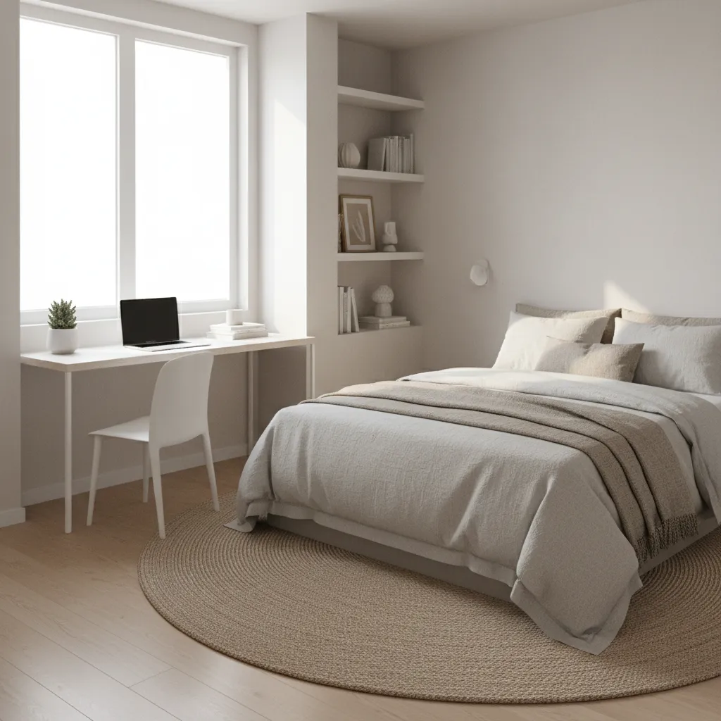 queen bed layout inside small bedroom office space