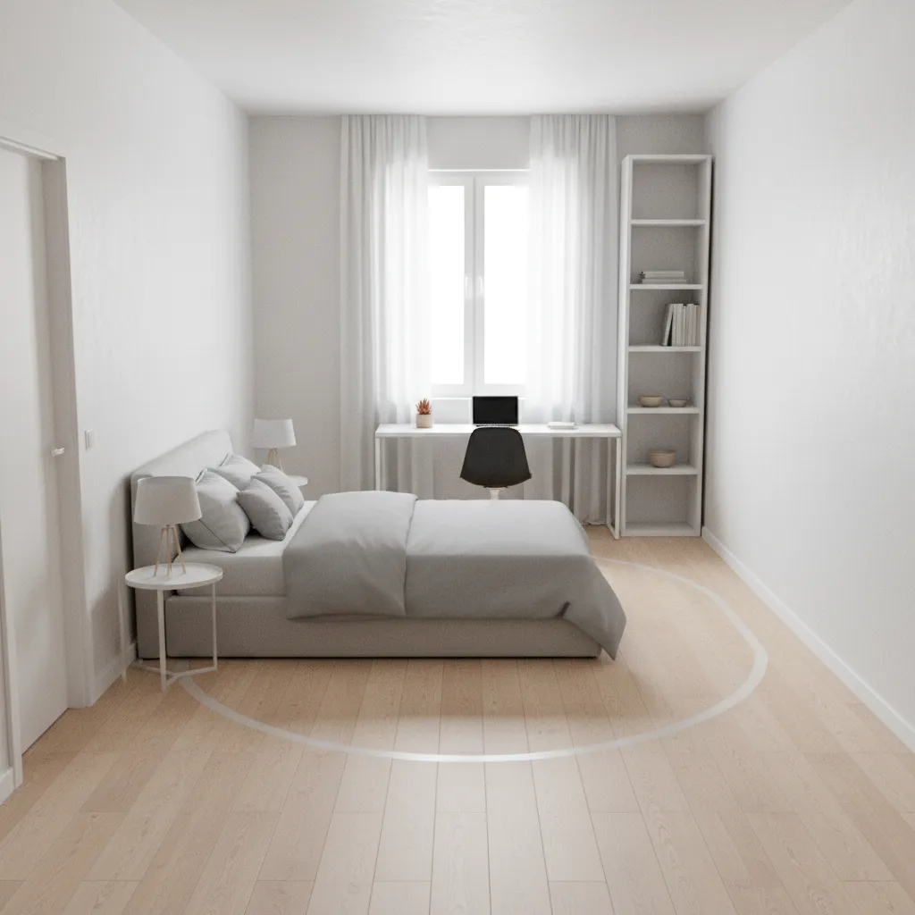 Simple bedroom office layout diagram showing improved furniture placement