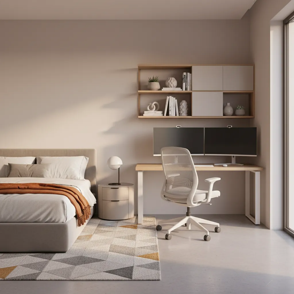 Bedroom workspace zoning with corner desk and separate sleeping area