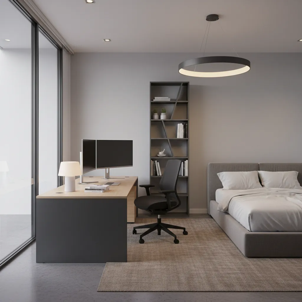 Bedroom office layout with blocked walkway caused by desk placement