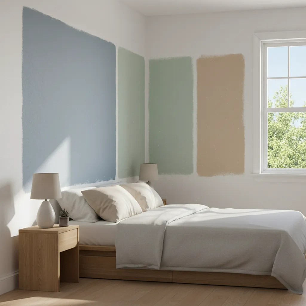 Bedroom wall with multiple paint samples tested in natural light