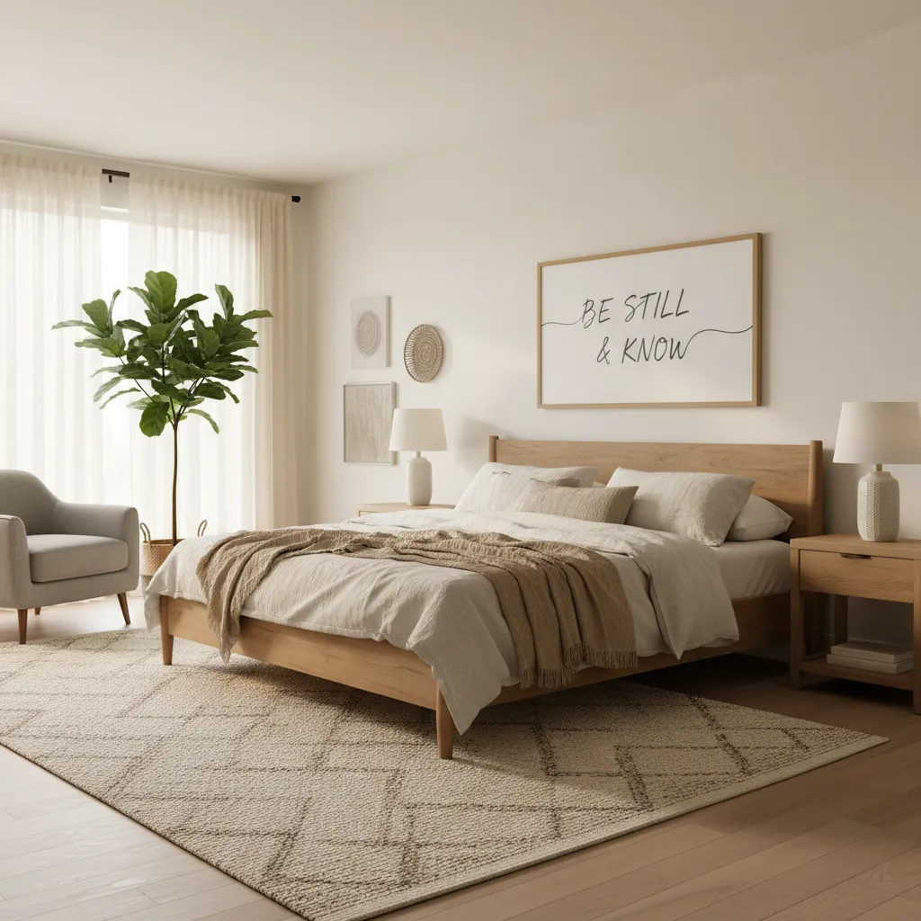 Bedroom with calming Bible verse wall art above bed