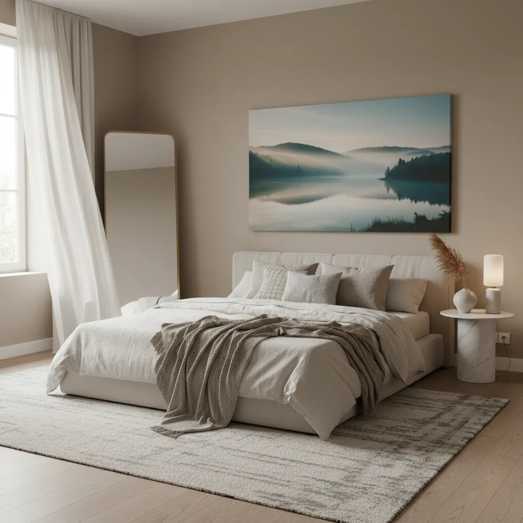 Dormitorio moderno con fotografía decorativa encima del cabecero