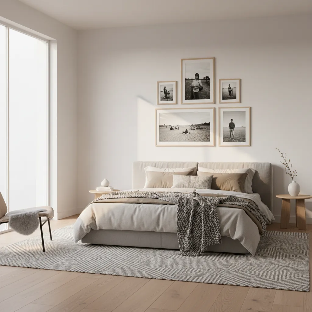 cozy bedroom with personal photo frames arranged above bed