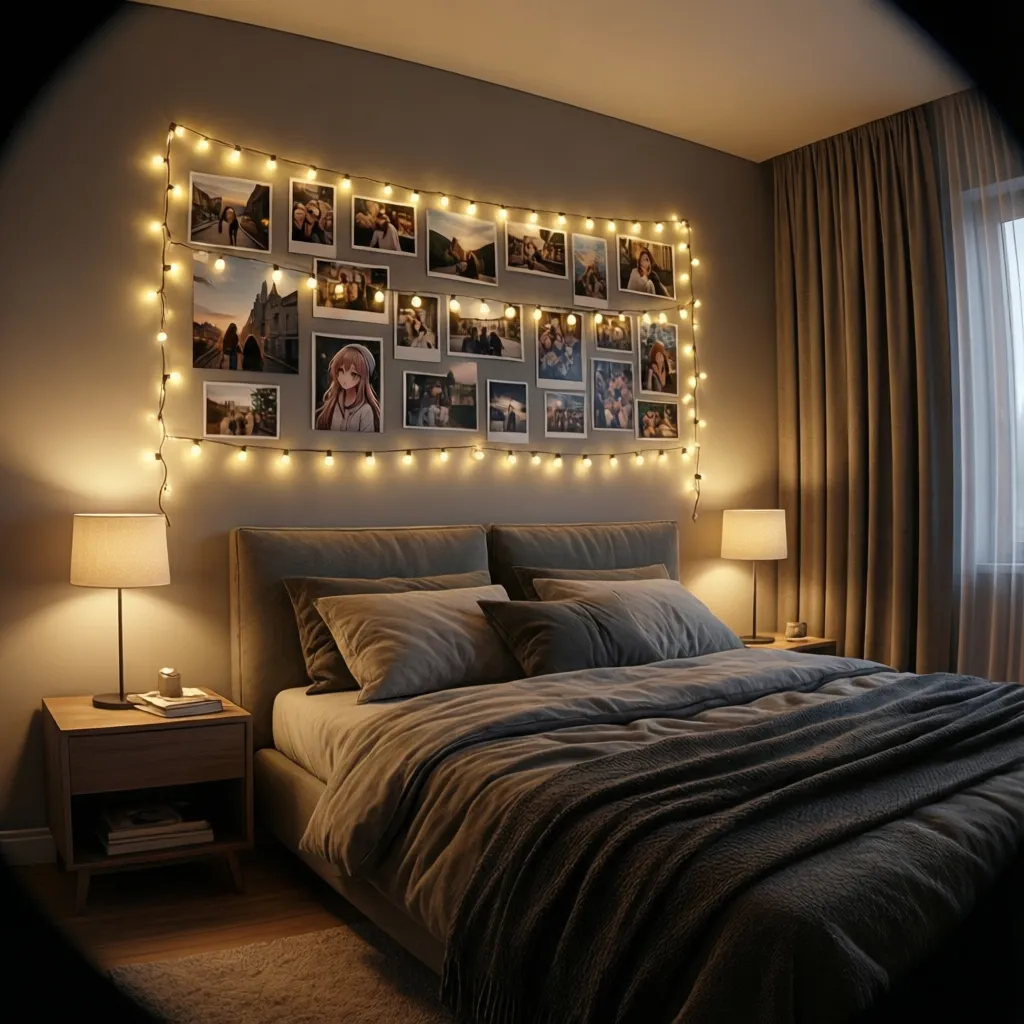 Decorative bedroom photo wall combining clip lights and fairy lights