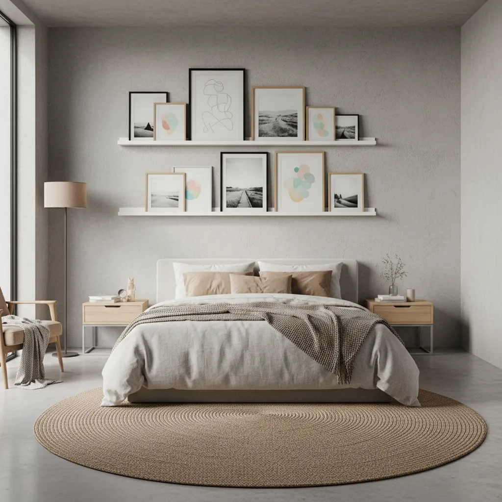bedroom wall with floating picture ledge displaying layered frames
