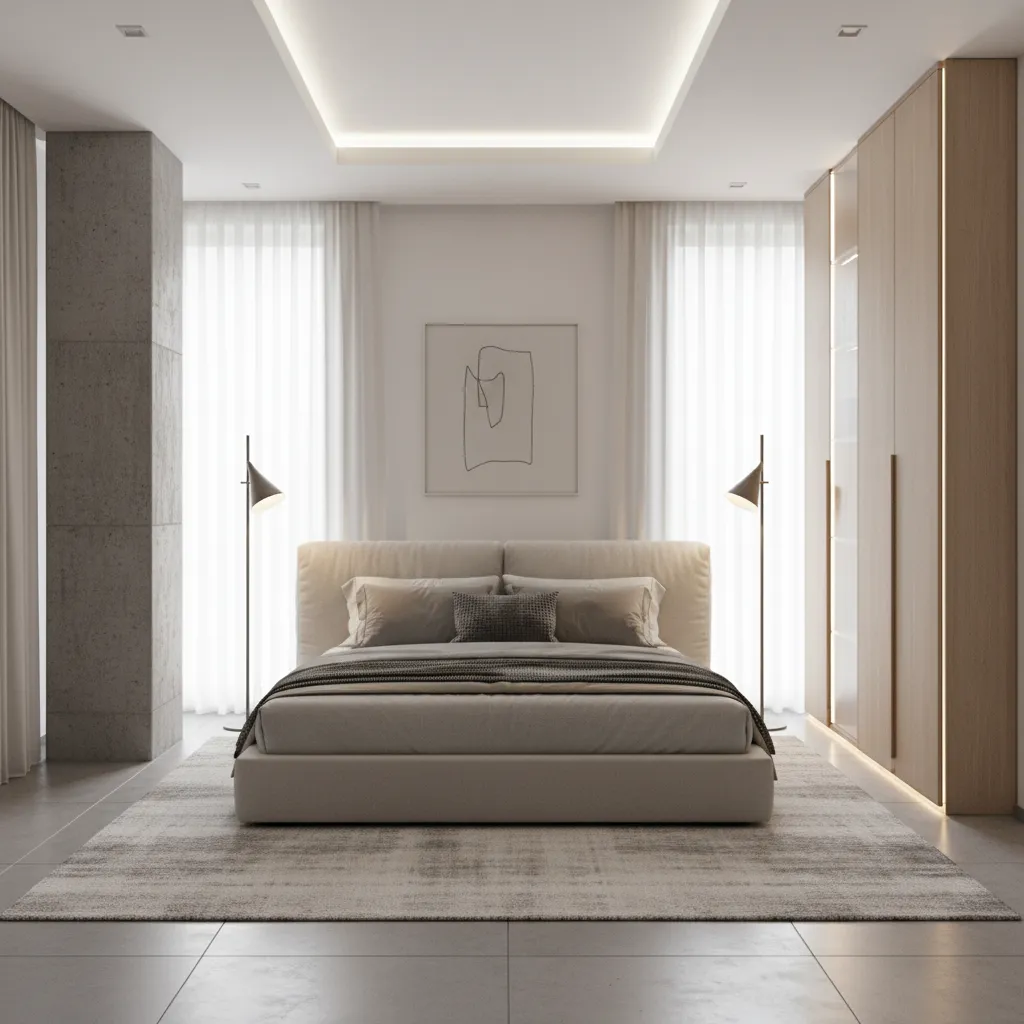 Bedroom interior using balanced furniture to visually offset pillar