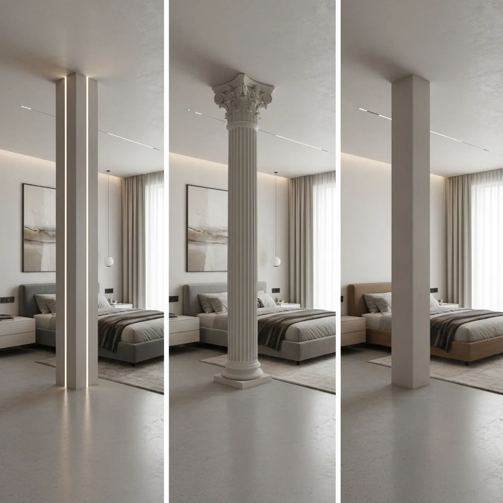 Comparison of three bedroom pillar designs featuring light strips, decorative style, and simple square shape