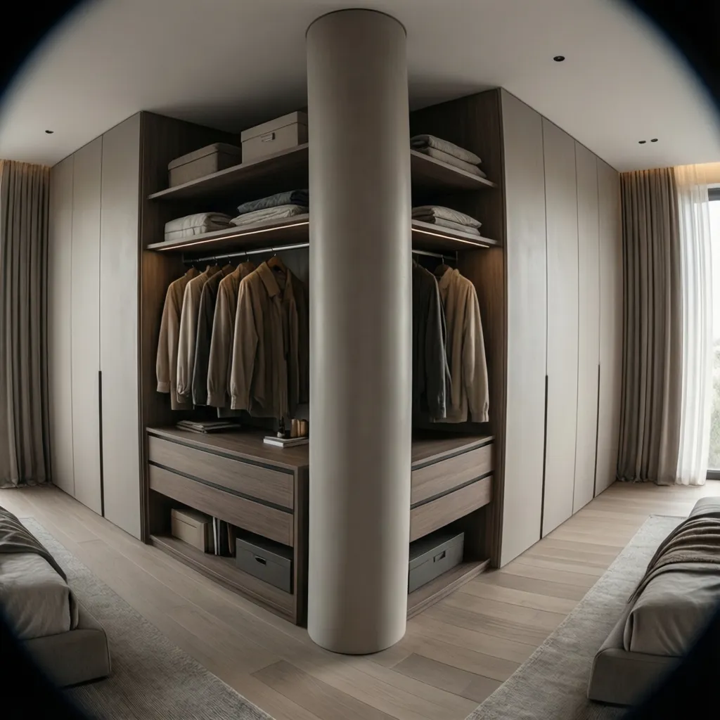 Wardrobe designed around bedroom column to hide structural pillar