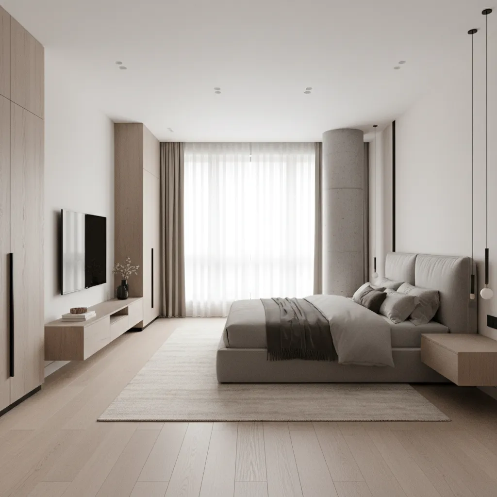 Modern minimalist bedroom with grey bed, wooden cabinets, concrete pillar, television, and bright natural light