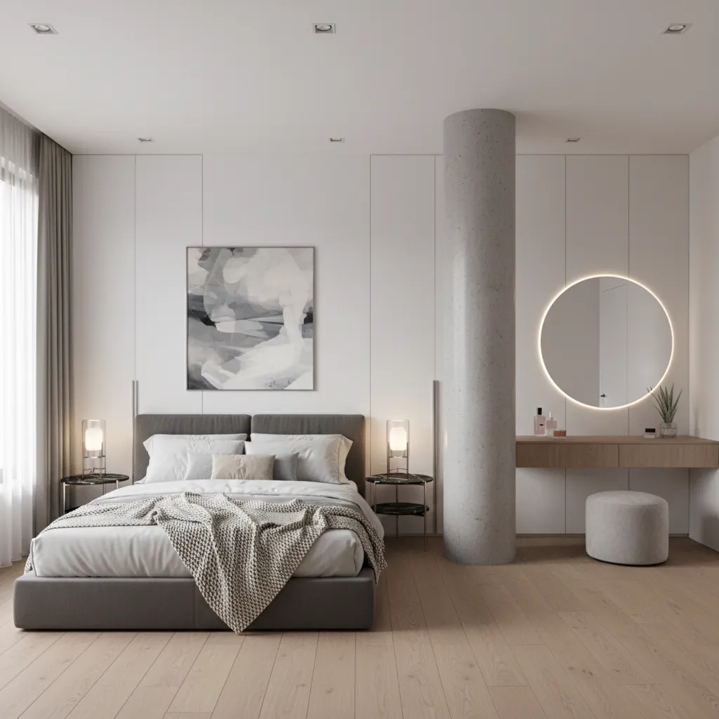 Bedroom pillar used as divider between sleeping and dressing area