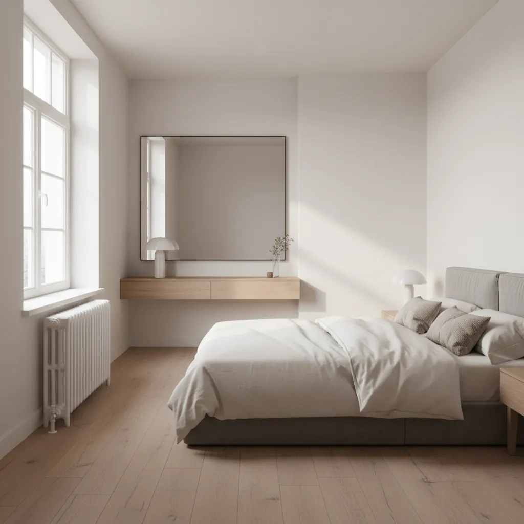 Bedroom with radiator under window and bed placed at safe distance