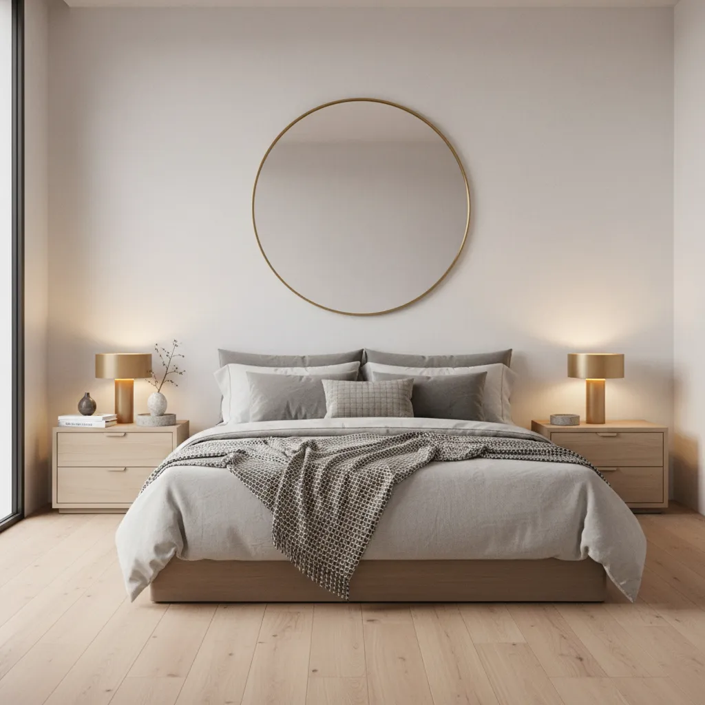 Bedroom interior with large round mirror wall decor above dresser