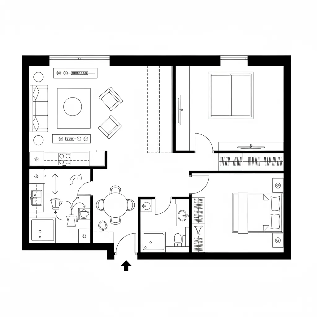 Top-down 2D plan showing bedroom with sliding partition and routine-focused flow