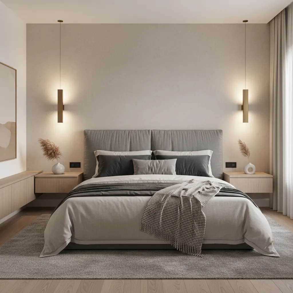 Bedroom wall with sconces framing a bed headboard and nightstands