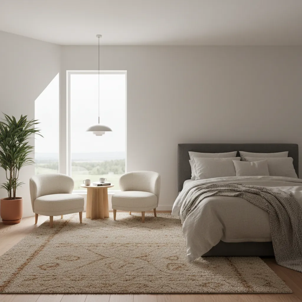 Small seating corner in a couple bedroom with two chairs and side table