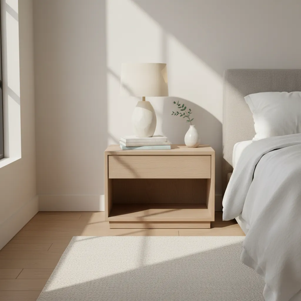 Minimal bedside table styling with lamp book stack and ceramic vase