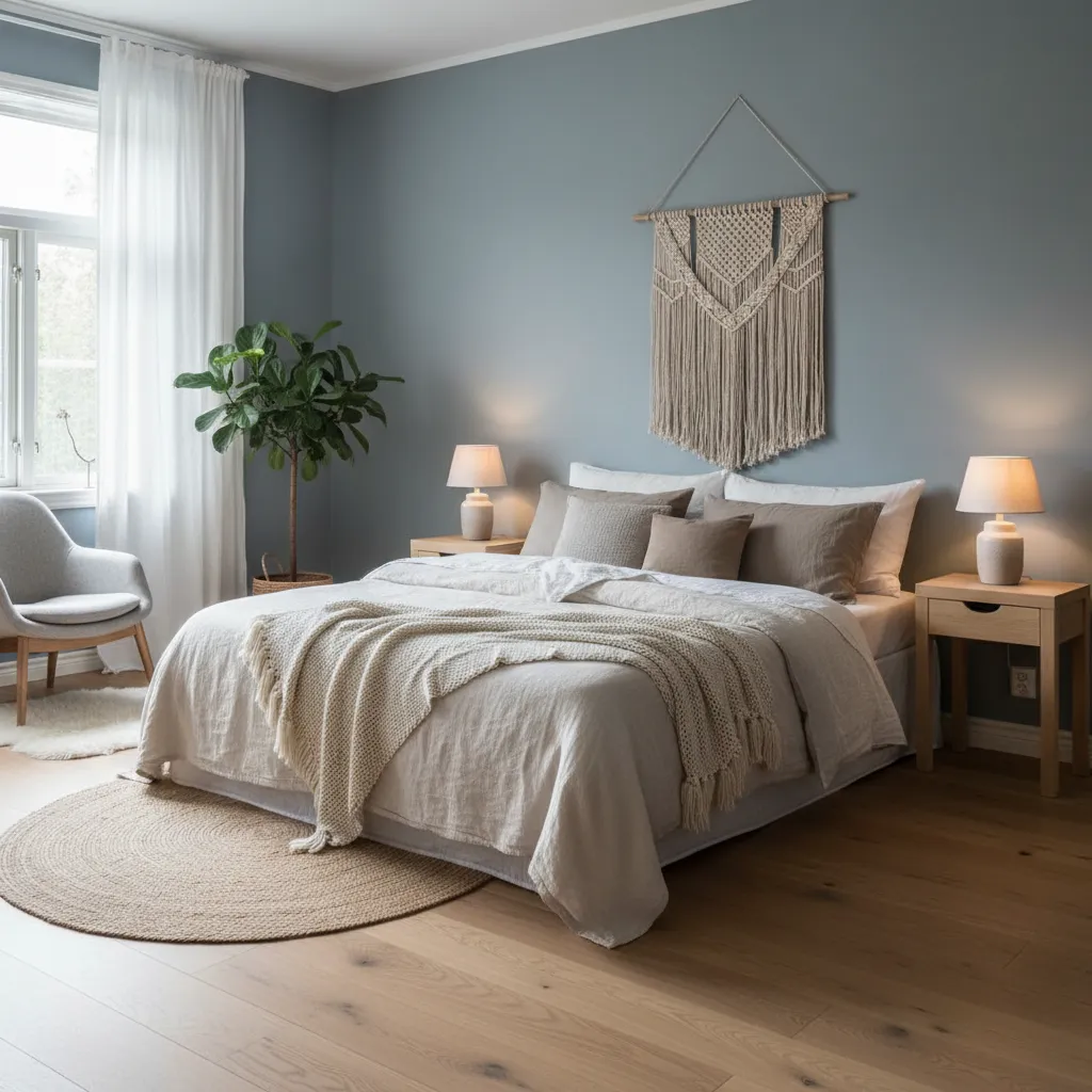 Dormitorio con tonos suaves azul grisáceo y decoración relajante