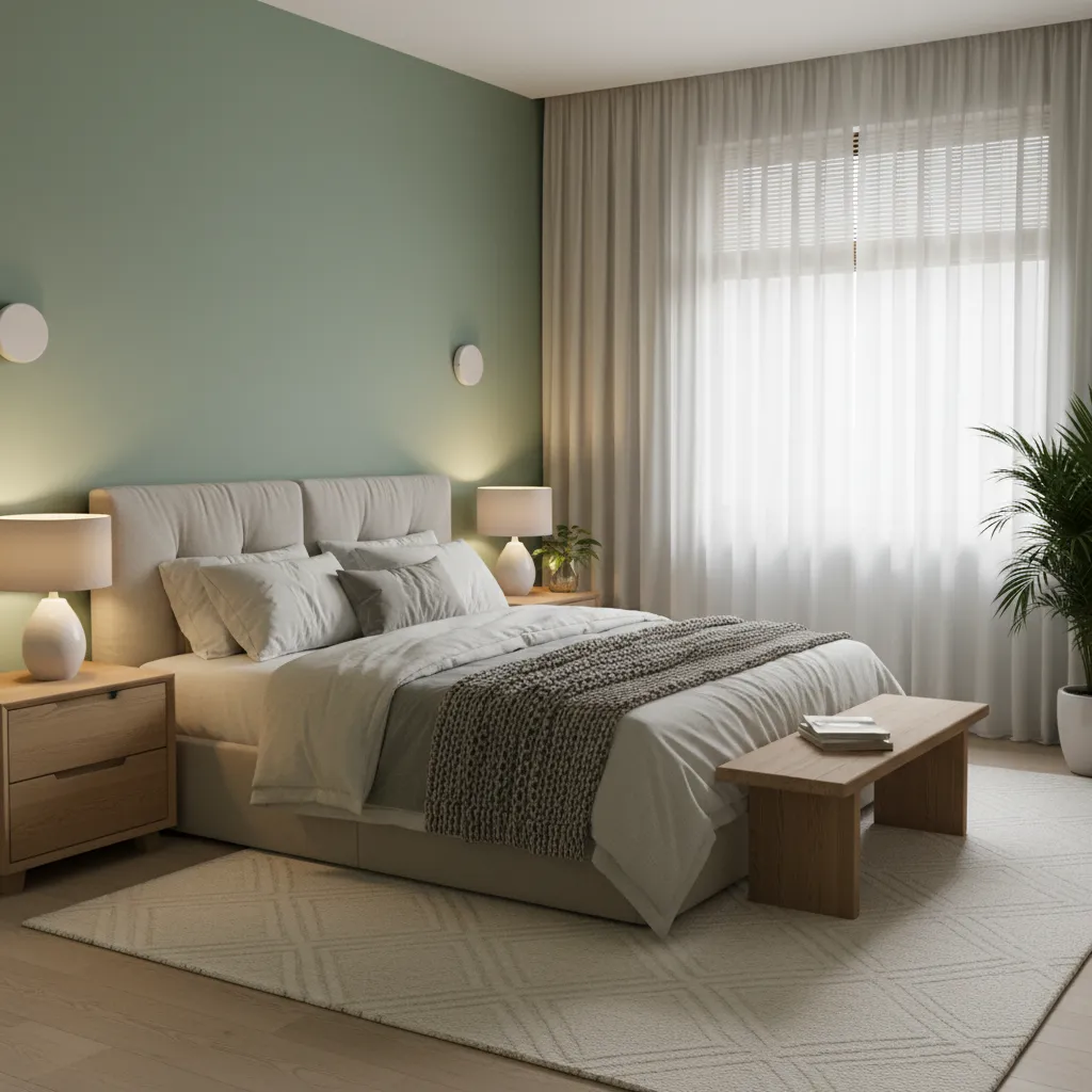 calming bedroom with sage green and neutral interior colors