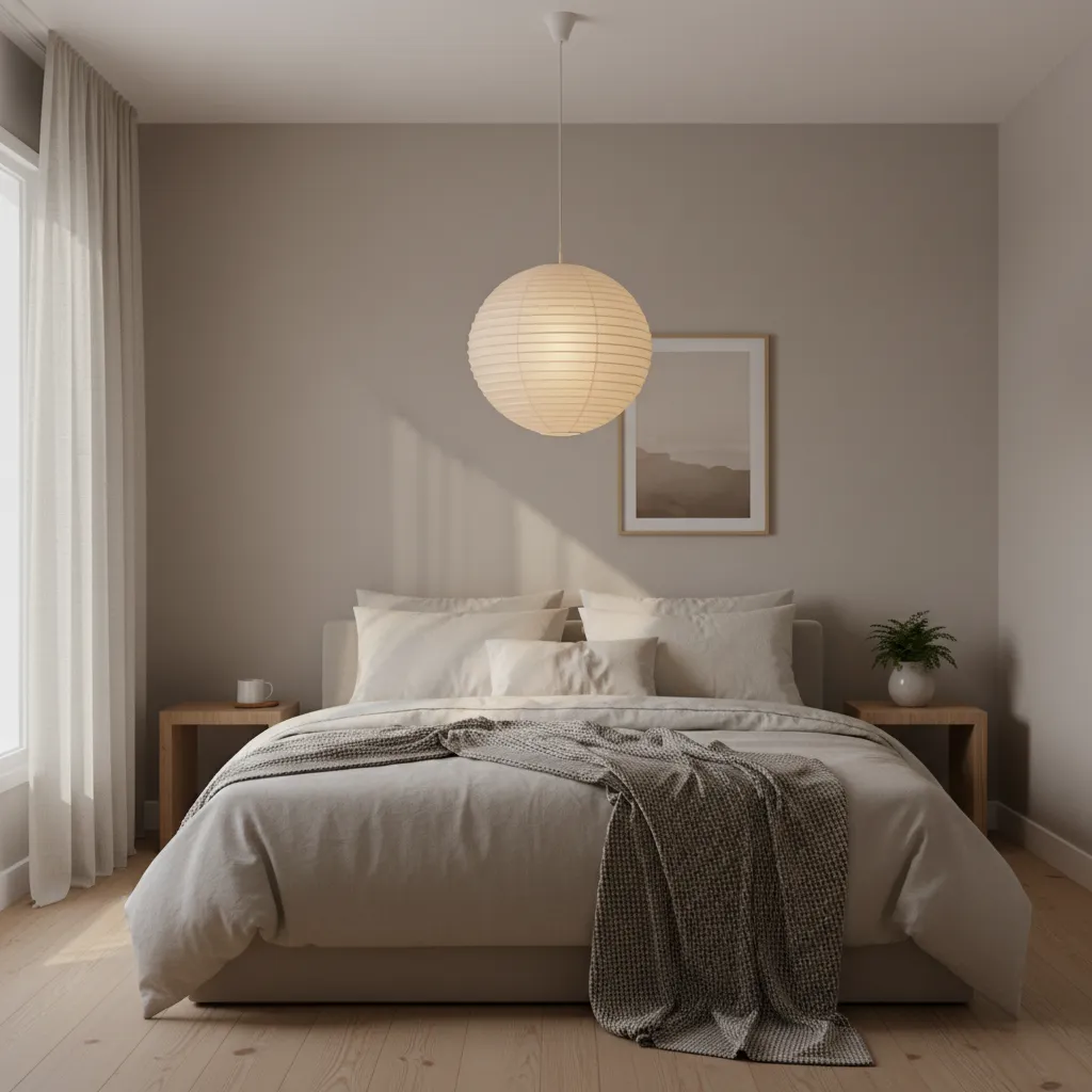 Bedroom with warm paper lantern style plug-in ceiling light creating soft ambient lighting