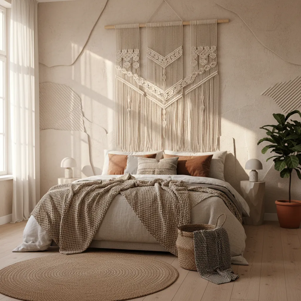 Calming bedroom featuring macrame style 3D wall hanging above bed