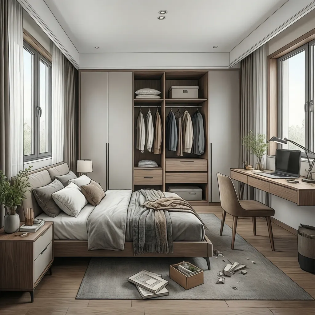 Interior design drawing of bedroom with wooden desk chair open wardrobe large windows and grey rug