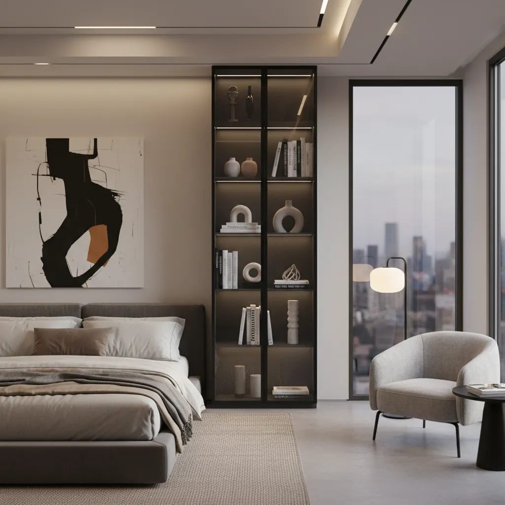 modern bedroom featuring statement glass cabinet with decorative objects