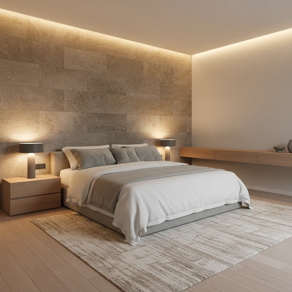 bedroom with textured stone tile feature wall and soft lighting