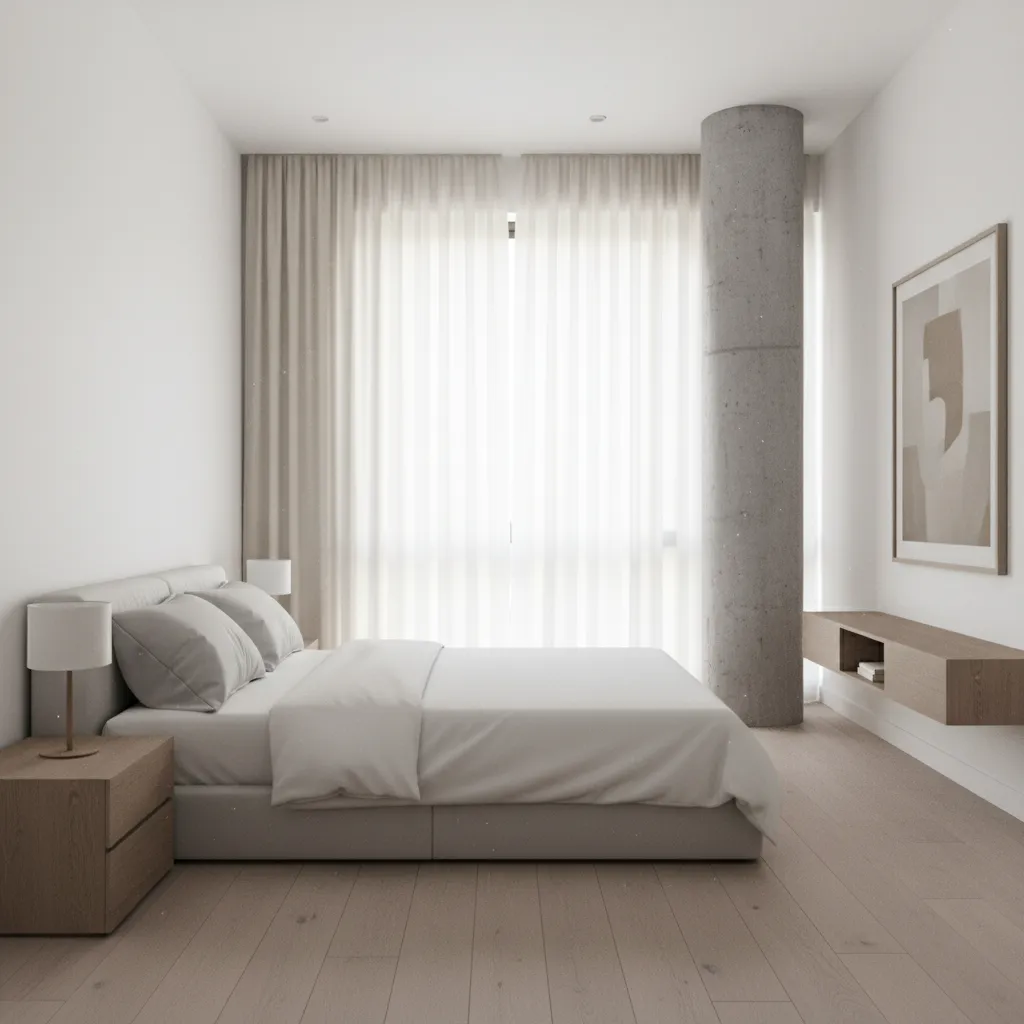 Minimalist bedroom with round concrete pillar white bed wooden floor beige curtains and floating cabinet