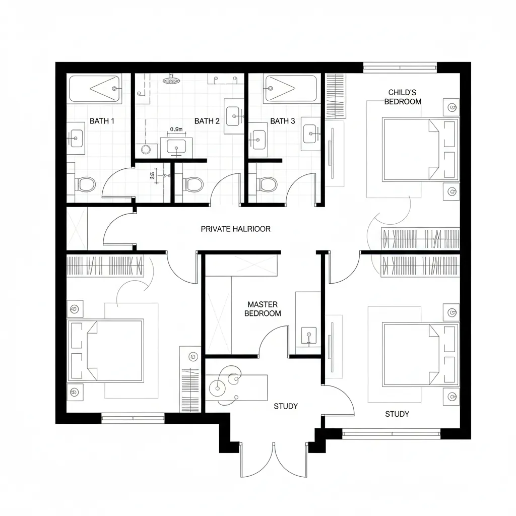 Detailed floor plan layout with three bedrooms three bathrooms and a study and private hallway