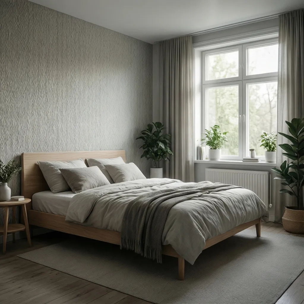 modern bedroom interior showing wallpaper style coordination