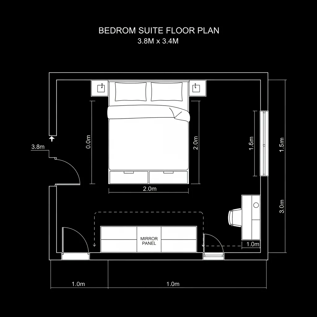 Top-down 2D bedroom suite plan with queen bed, 2.1m wardrobe, and desk niche