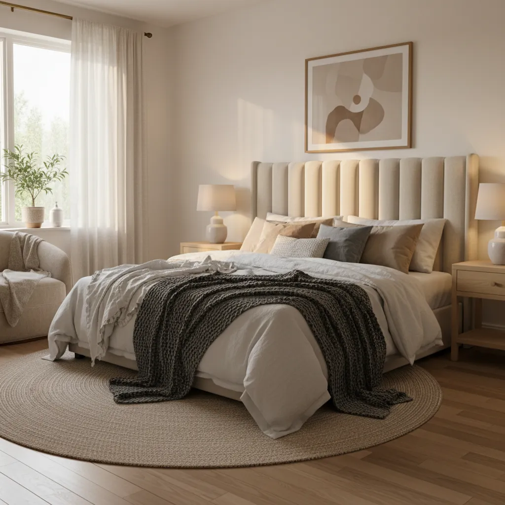 Cozy bedroom with beige bed frame pillows dark blanket round rug nightstands and white curtains