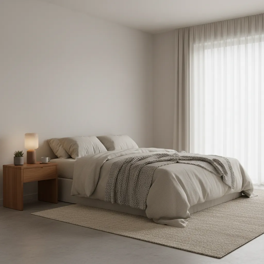Bedroom with layered textures including linen bedding wool throw and rug