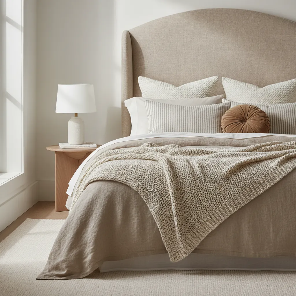 Bedroom bed with layered textiles including linen bedding knit throw and textured pillows