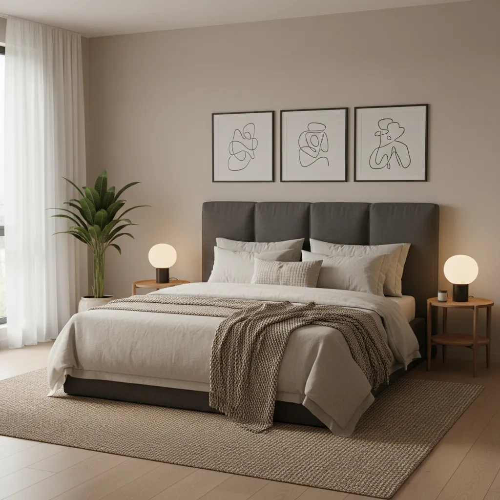 three picture frames arranged above a bed headboard
