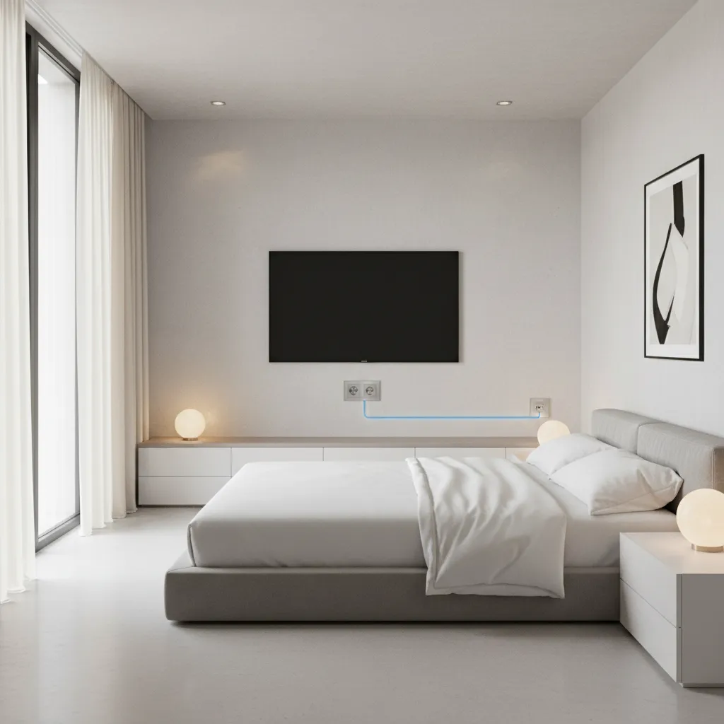 diagram style layout showing cable routing for bedroom wall mounted TV