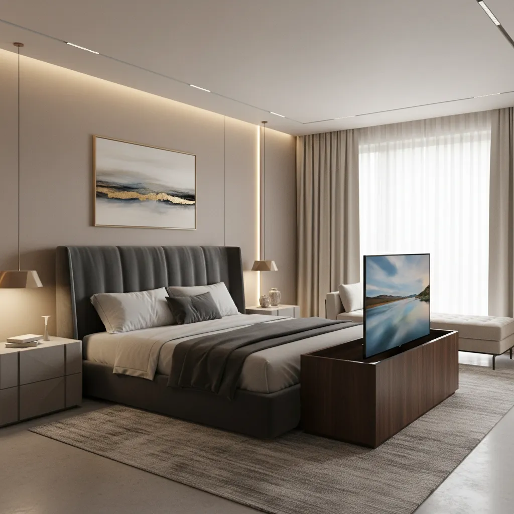 Televisor elevable integrado en un mueble al pie de la cama