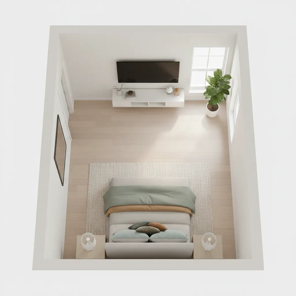 Bedroom layout diagram showing recommended viewing distance between bed and TV