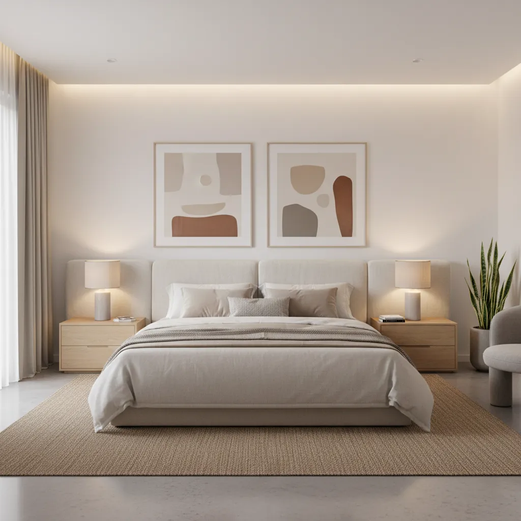 Bedroom wall with two large framed artworks centered above a headboard