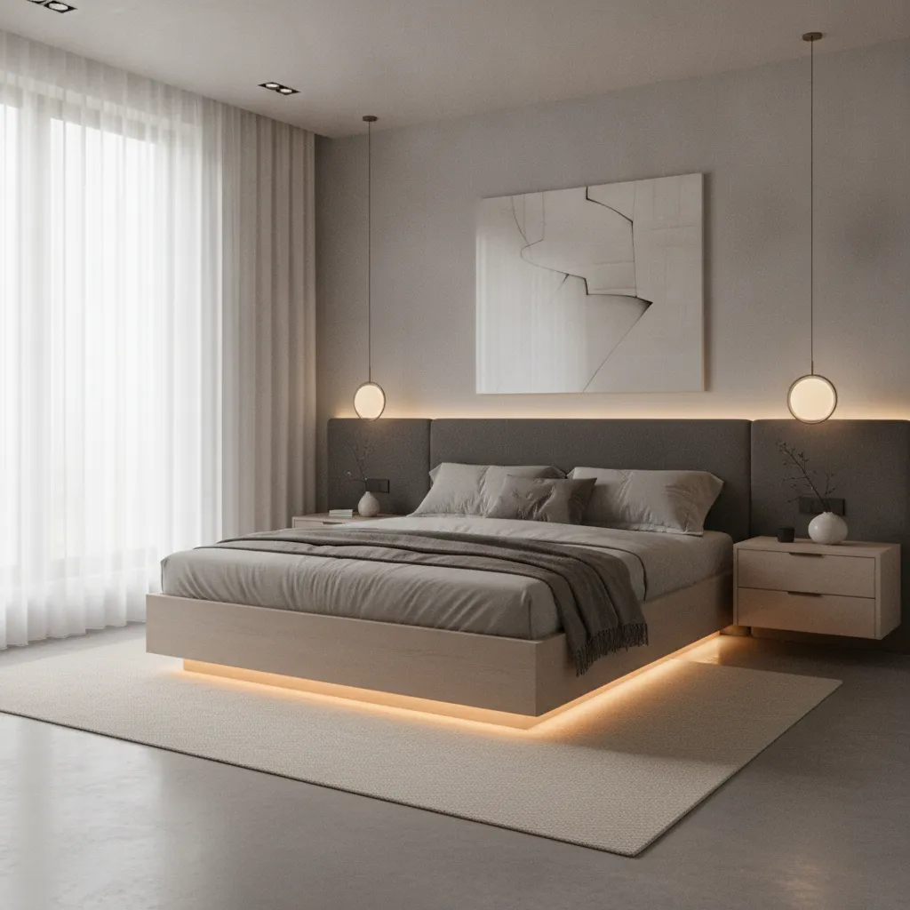 bedroom with floating bed illuminated by LED strip lighting underneath