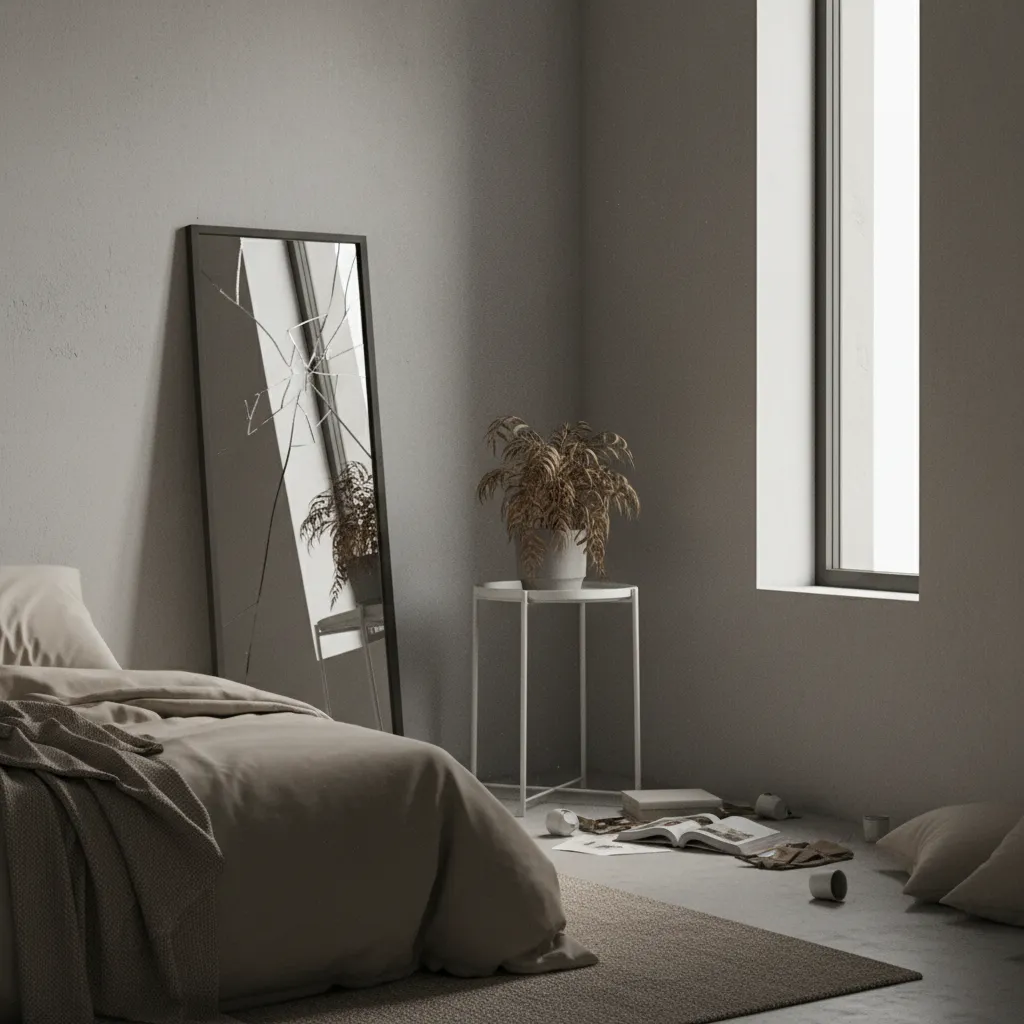 Bedroom with clutter, broken decor, and dead plant illustrating negative energy objects