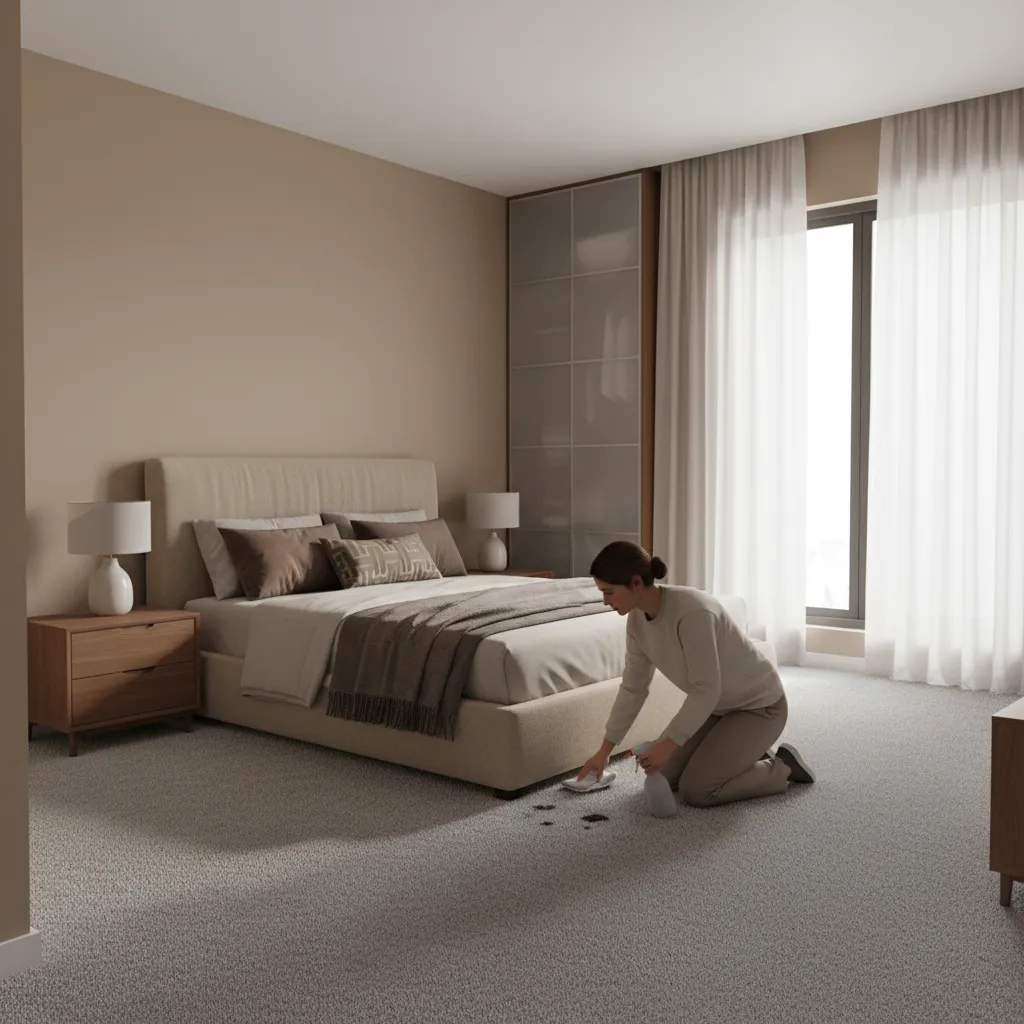 bedroom carpet area being inspected for urine odor source