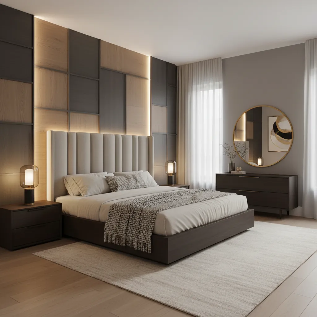Dormitorio moderno con cabecero iluminado verticalmente