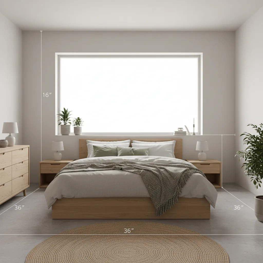 Bedroom showing proper walkway spacing around a bed and furniture